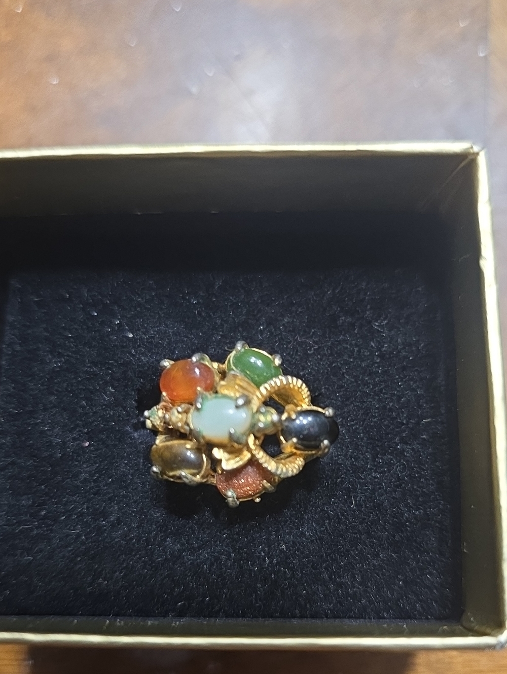 Gold-Tone Multi-Stone Cocktail Ring with Genuine Stones. Size 6.